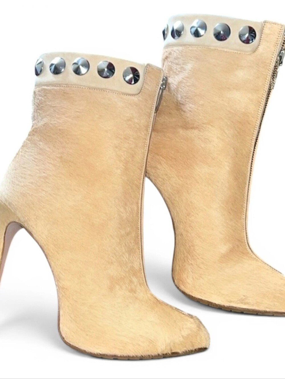NEW IN BOX! Monika Chiang Beige Studded Calf Hair Ankle Booties with Stiletto